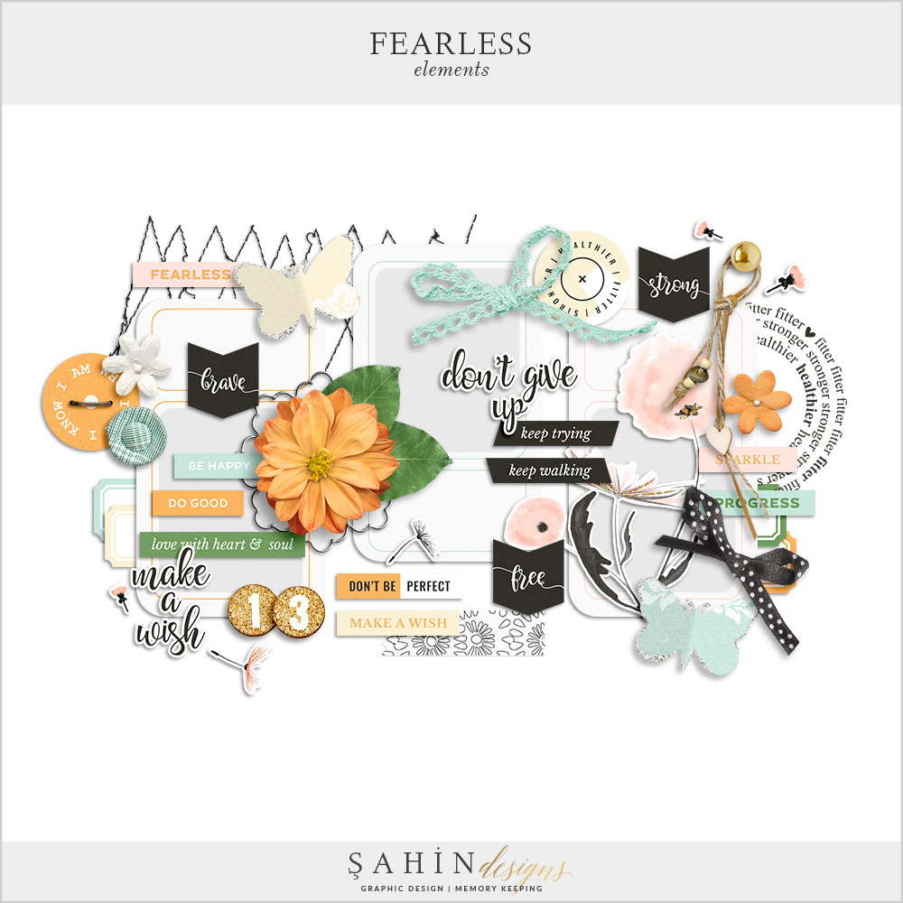 Fearless Digital Scrapbook Elements by Sahin Designs. Click to download the kit. Pin & save for later!