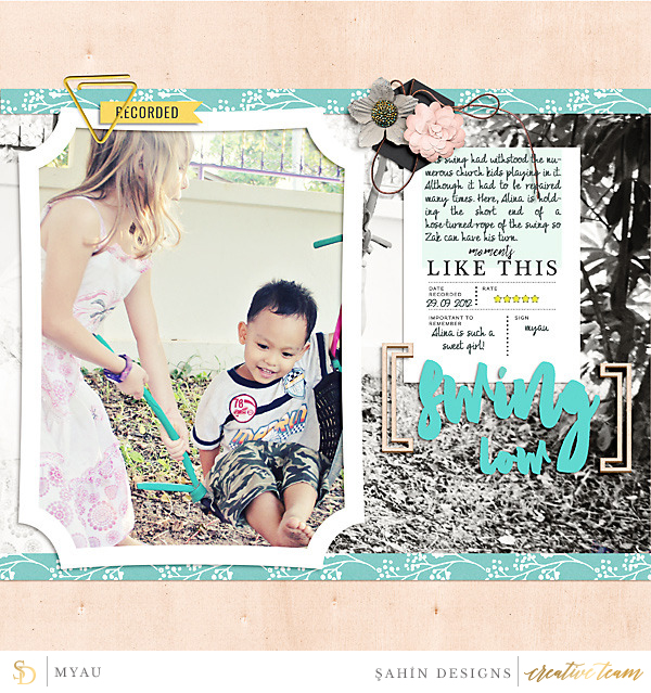 Digital scrapbook layout on Sahin Designs using Recorded digiscrap collection. Click through to have a look at all May creative gallery!