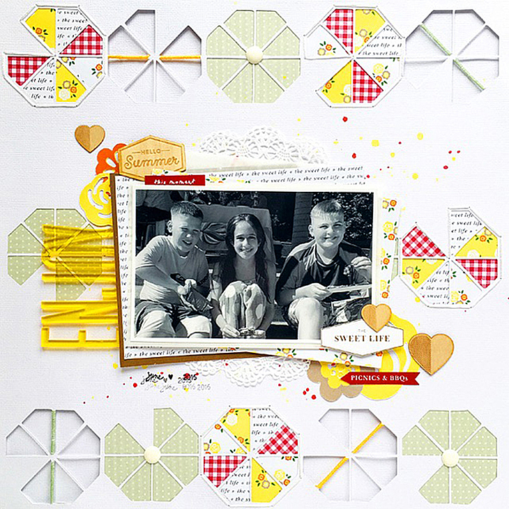 Creating a Cohesive Look on a Scrapbook Layout on Sahin Designs blog. Click to learn how to incorporate different colors, elements and patterns in a layout & also keep it cohesive. Pin & save for later!