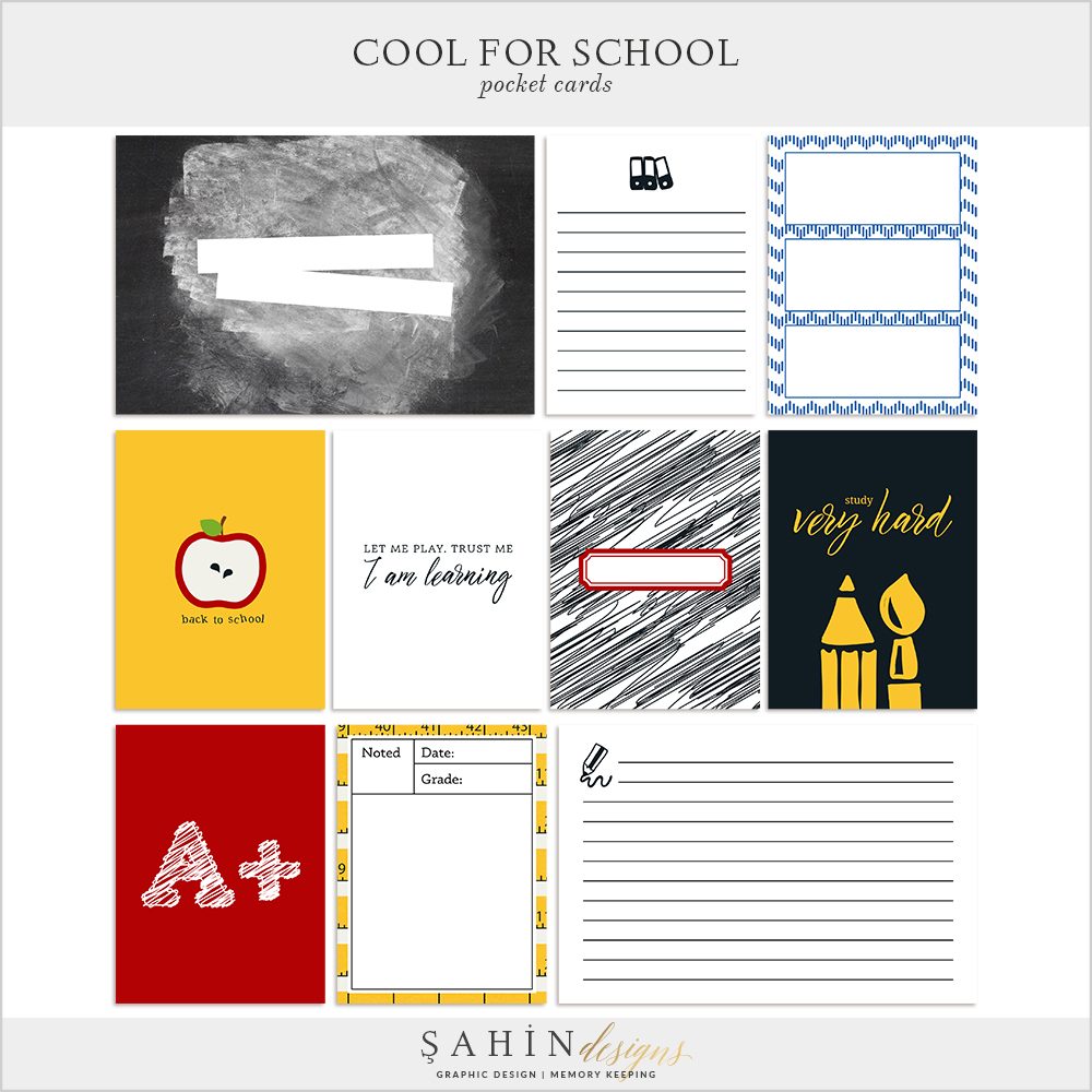 Cool For School Digital Scrapbook Pocket Cards by Sahin Designs. Click to download the kit. Pin & save for later!