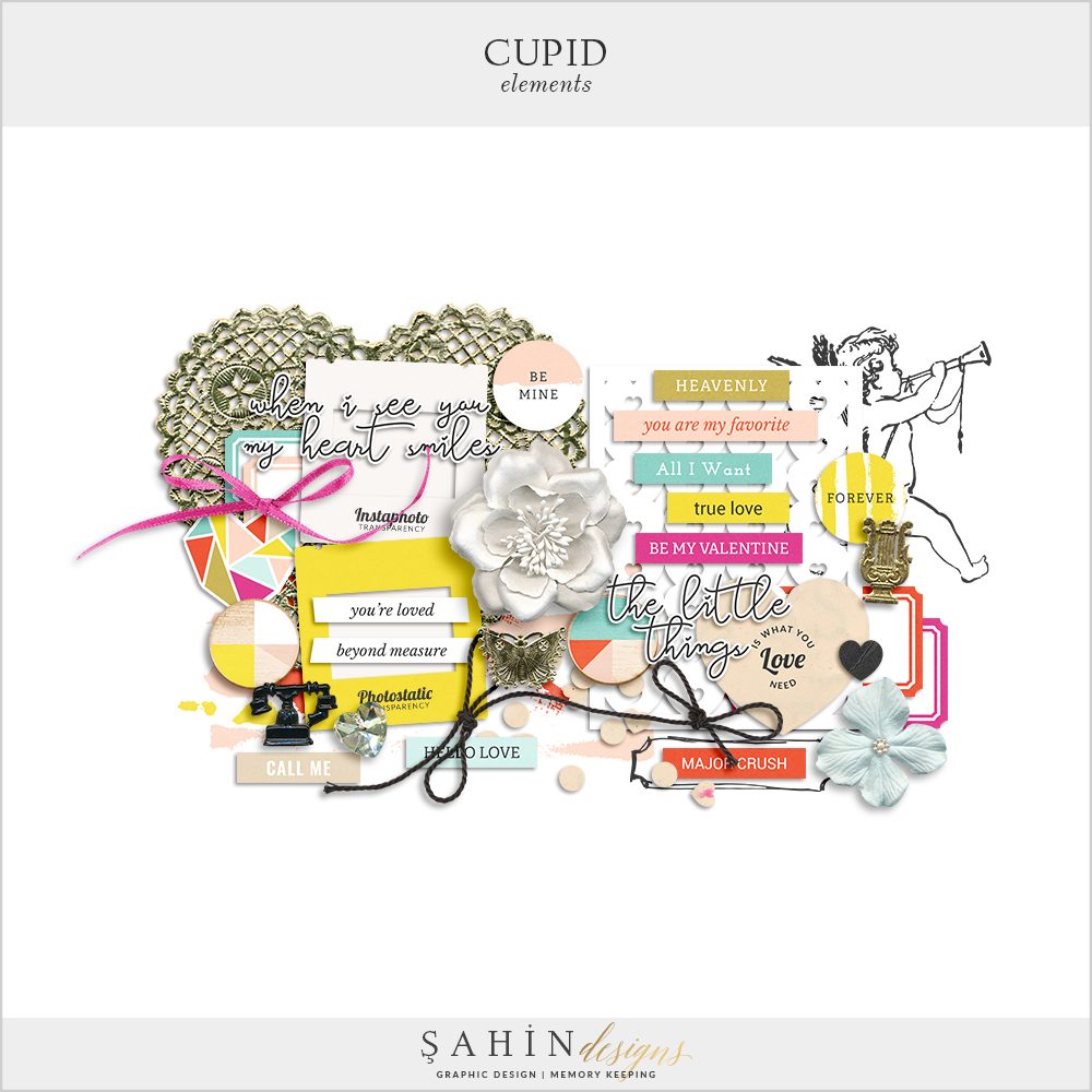 Cupid Digital Scrapbook Elements by Sahin Designs. Click to download the kit. Pin & save for later!