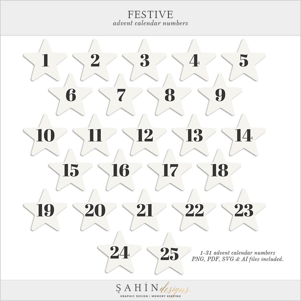 Printable Festive Star Advent Calendar Numbers by Sahin Designs. Click to download the kit. Pin & save for later!