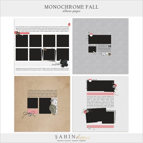 Monochrome Fall Digital Scrapbook Album Pages by Sahin Designs. Click to download the kit. Pin & save for later!