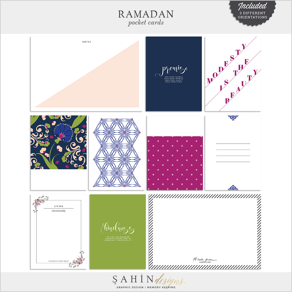 Ramadan Digital Scrapbook Pocket Cards by Sahin Designs. Click to download the kit. Pin & save for later!