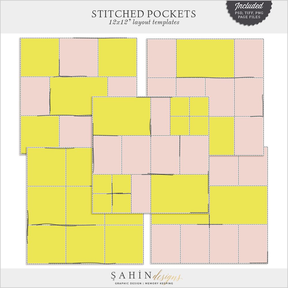 Stitched Pockets Digital Scrapbook Layout Templates by Sahin Designs. Click to download the kit. Pin & save for later!
