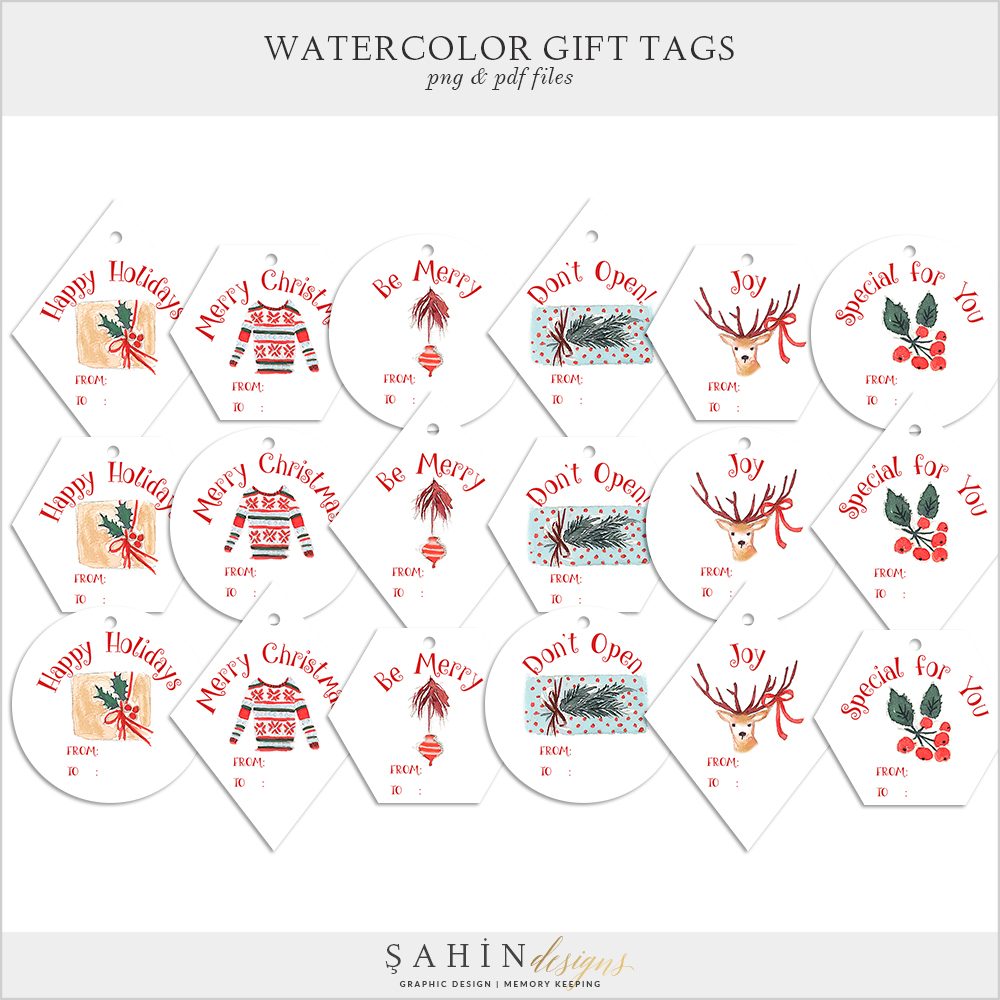 Printable Watercolor Christmas Gift Tags by Sahin Designs. Click to download the kit. Pin & save for later!
