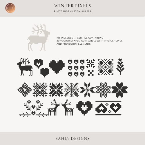 Winter Pixels Photoshop Custom Shapes by Sahin Designs | Commercial Use Digital Scrapbook Supplies