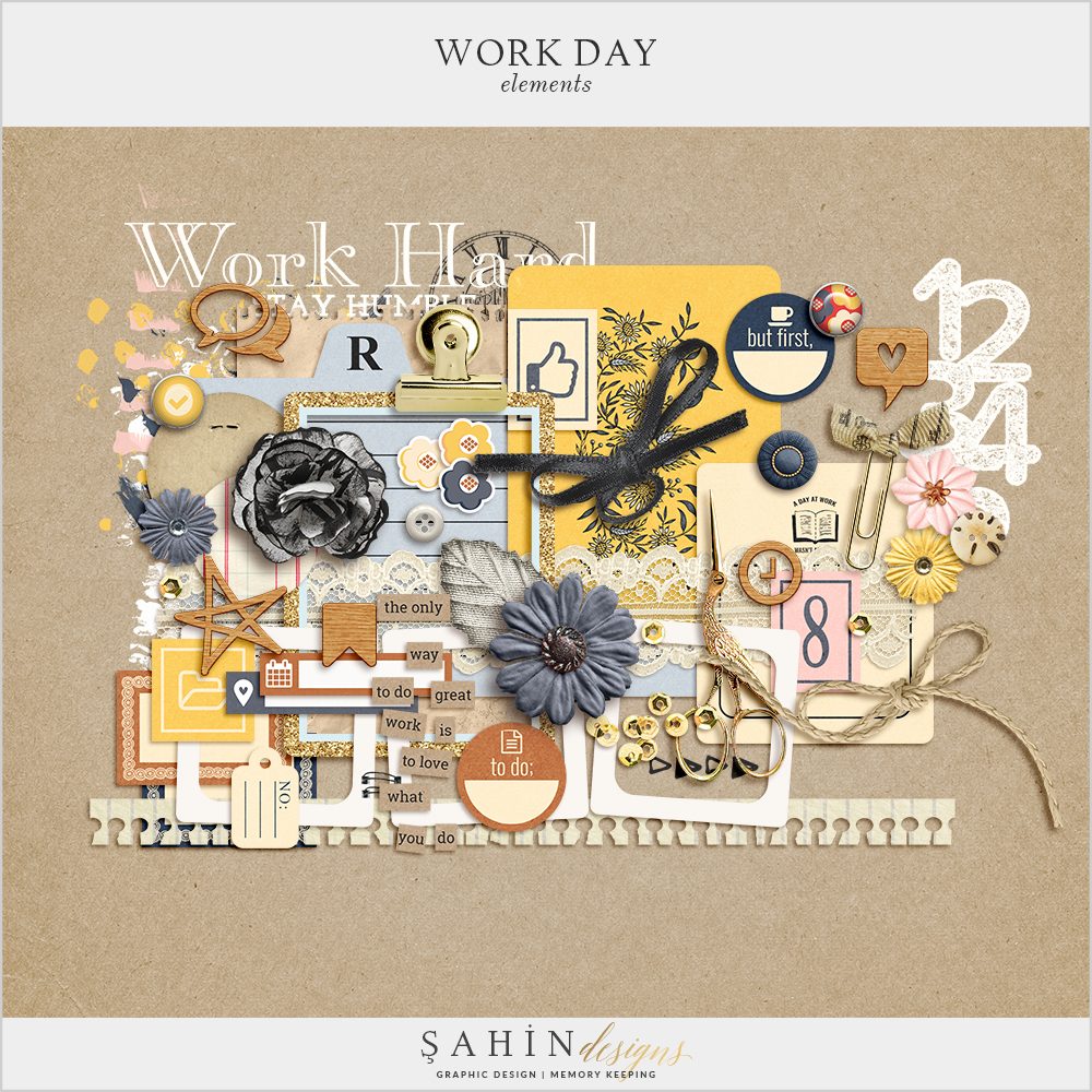 Work Day Digital Scrapbook Elements by Sahin Designs. Click to download the kit. Pin & save for later!