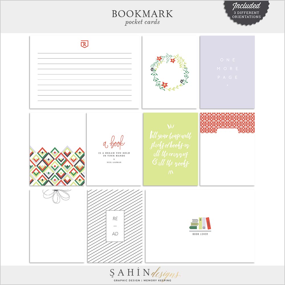 Bookmark Digital Scrapbook Pocket Cards | Sahin Designs | Printable Project Life