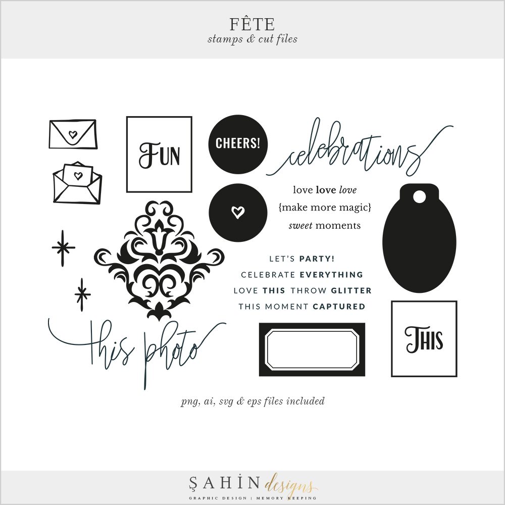 Fête Digital Scrapbook Stamp and Cut Files - Celebrations Theme - Sahin Designs