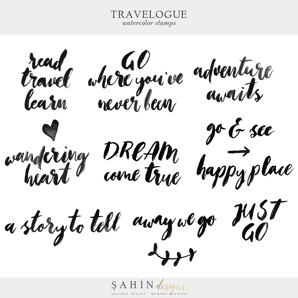 Travelogue Digital Scrapbook Watercolor Stamps - Sahin Designs