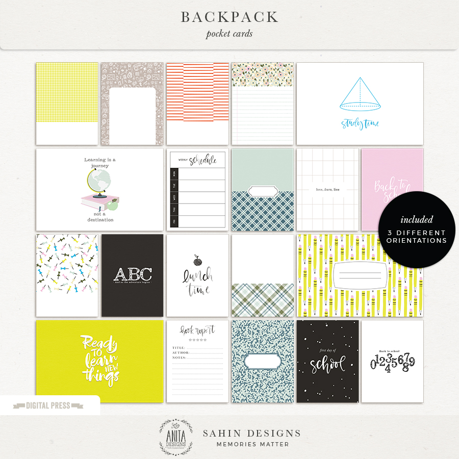 Backpack Digital Scrapbook Pocket Cards - Sahin Designs
