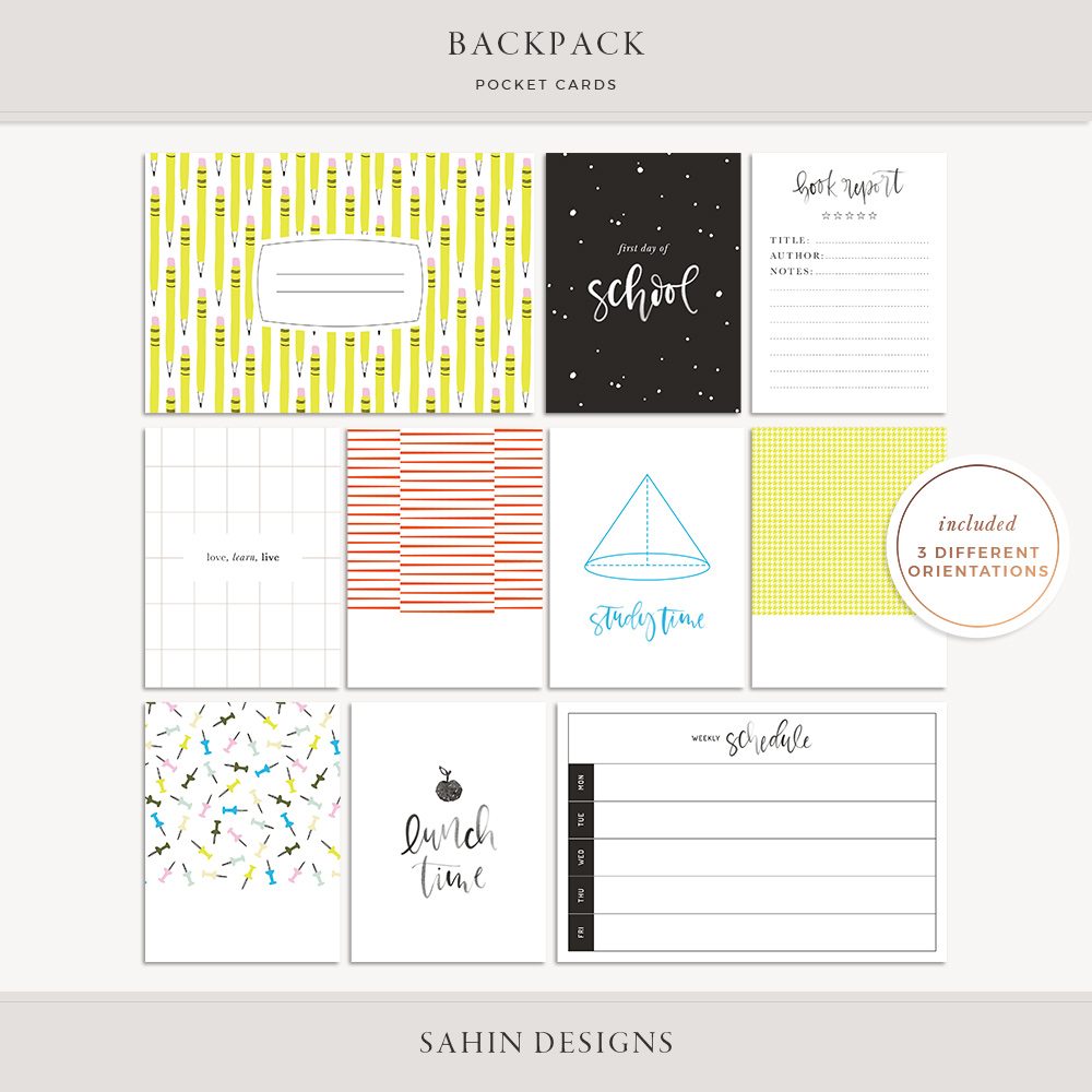 Backpack Digital Scrapbook Pocket Cards - Sahin Designs