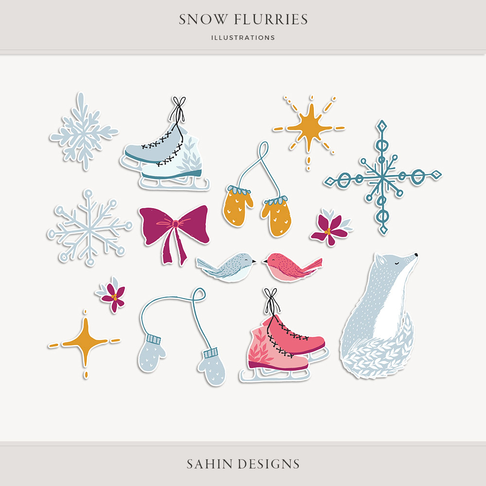 Snow Flurries Digital Scrapbook Stickers - Sahin Designs