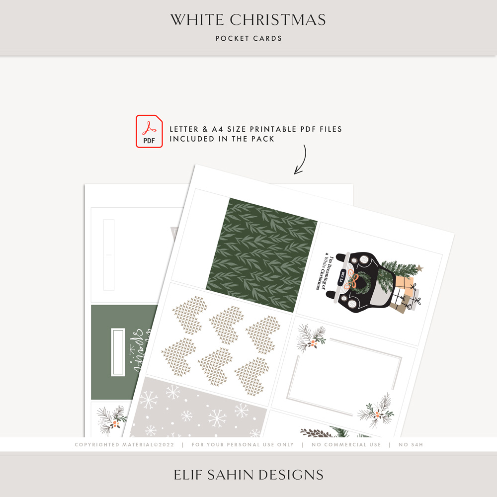 White Christmas Printable Digital Scrapbook Pocket Cards - Elif Sahin Designs