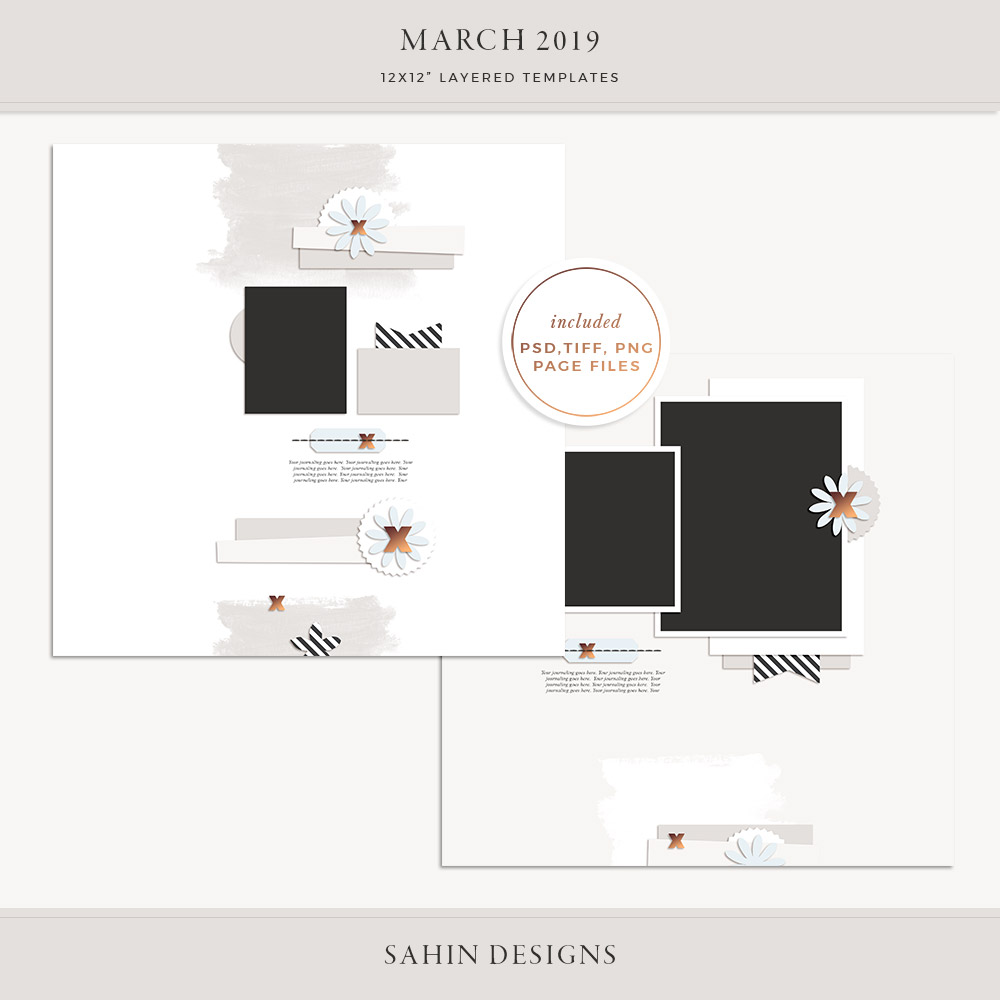 March 2019 Digital Scrapbook Layout Templates/Sketches - Sahin Designs