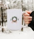 15oz. Wreath Printed Holiday Mug | Elif Sahin Designs | Joy Christmas Mug