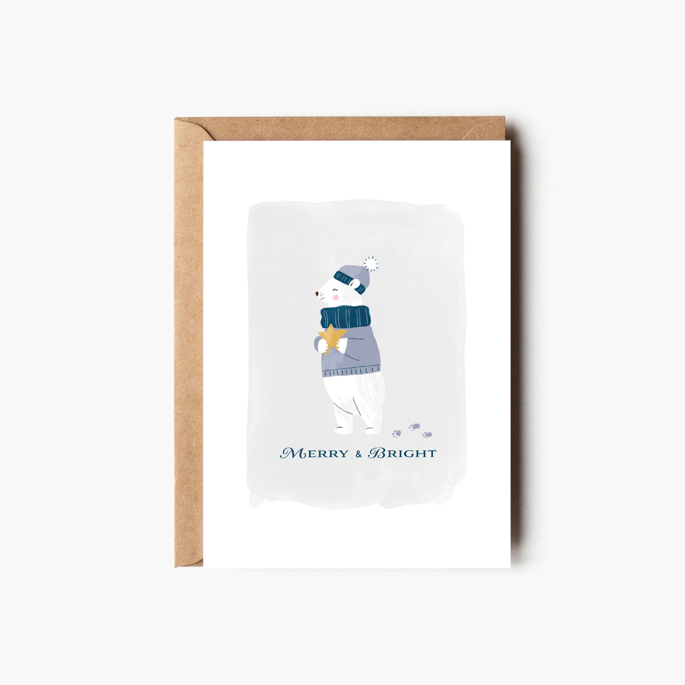 Holiday Bear Holding Star Greeting Card | Elif Sahin Designs | Christmas Greeting Card