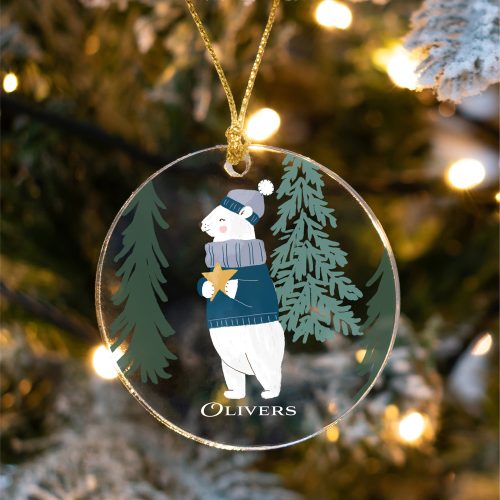 Holiday Bear With Star Customizable Glass Ornament | Elif Sahin Designs | Christmas Tree Ornament